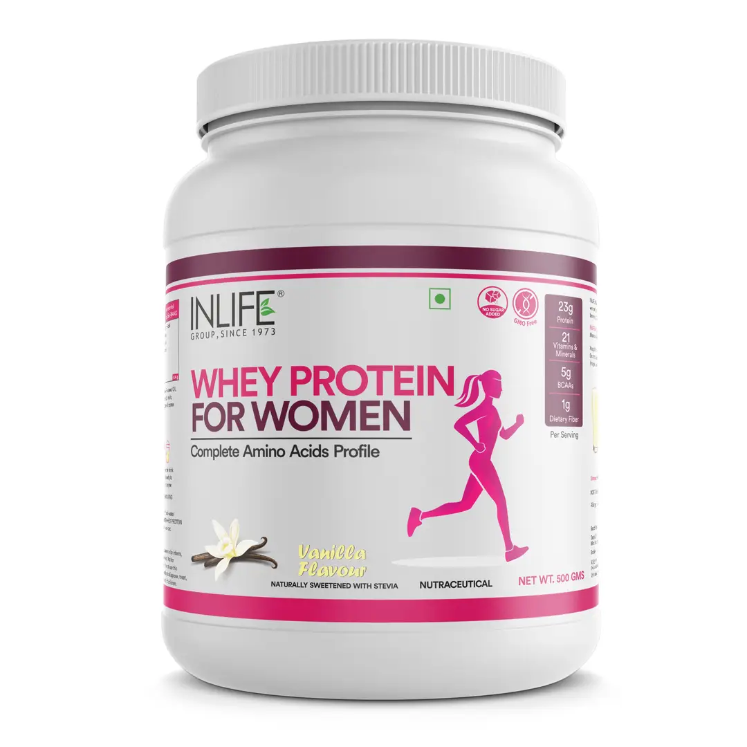 INLIFE Whey Protein Powder for Women | Ayurvedic Herbs, 23g Protein, 21 Vitamins Minerals, Omega 3 6, Digestive Enzymes, Hair Skin Nails (500g, Vanilla) - Vanilla
