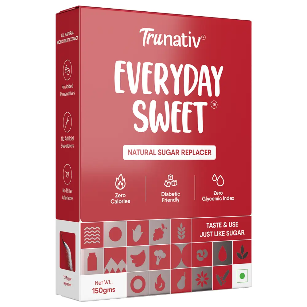 TruNativ Everyday Sweet Natural 1:1 White Sugar Replacer | Monk Fruit Extract | Zero Calories & Carb | Non GMO Sugar Replacement | Cooking & Diabetic Friendly Sweetener | No Bitter Aftertaste - 150 gm