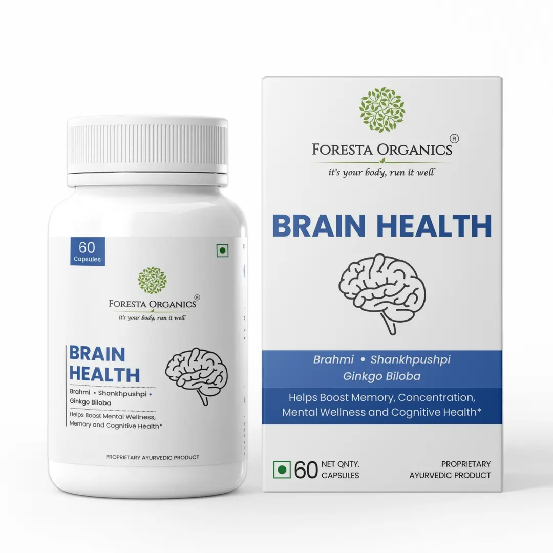 Foresta Organics - Brain Health with Brahmi, Shankhpushpi & Gingko Biloba for memory and concentration - Pack of 1 (60 Capsules)