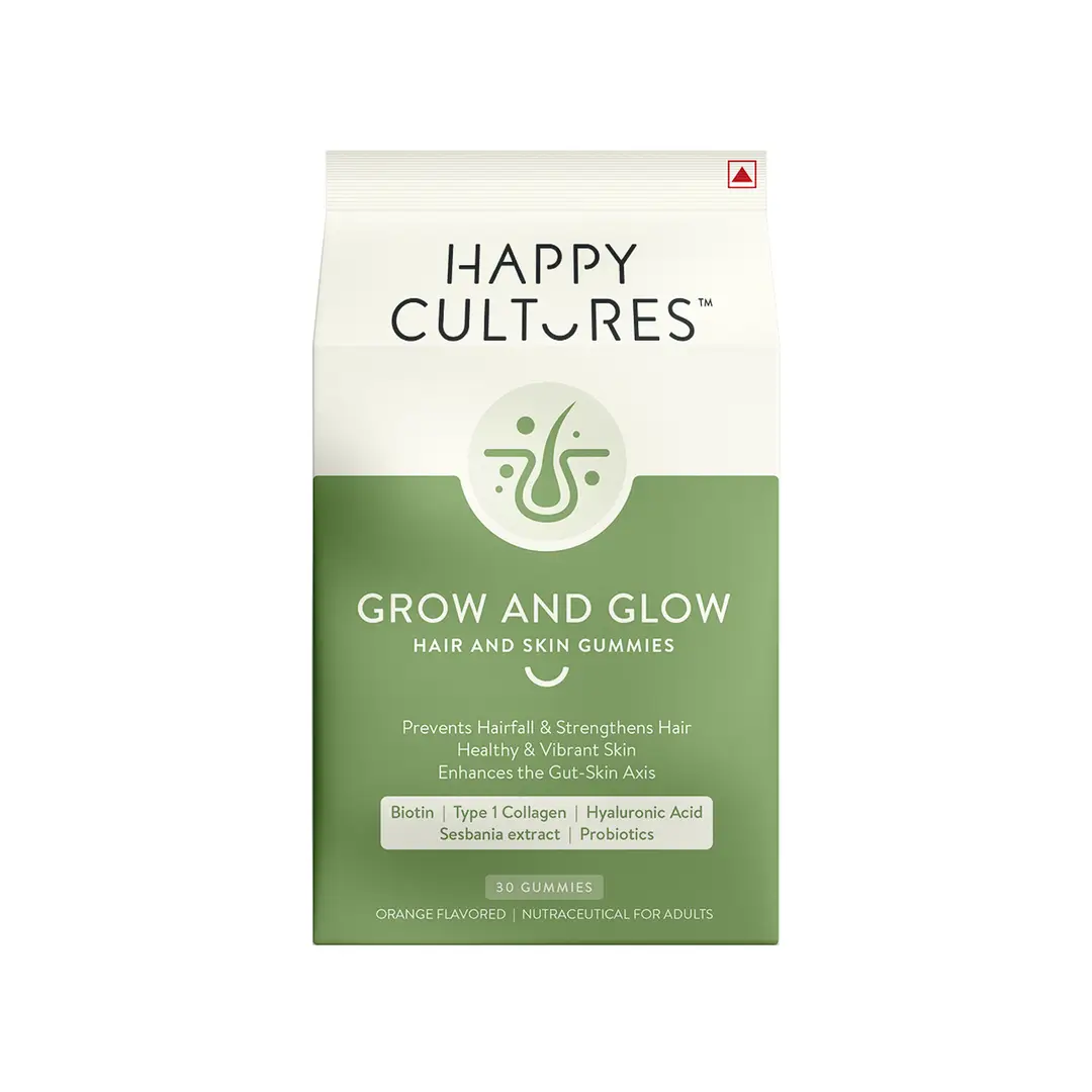Happy Cultures Grow and Glow with Biotin, Brahmi, Probiotics, Hyaluronic acid, Collagen for Hair Growth and Skin Glow - Pack of 1 (30 Gummies)