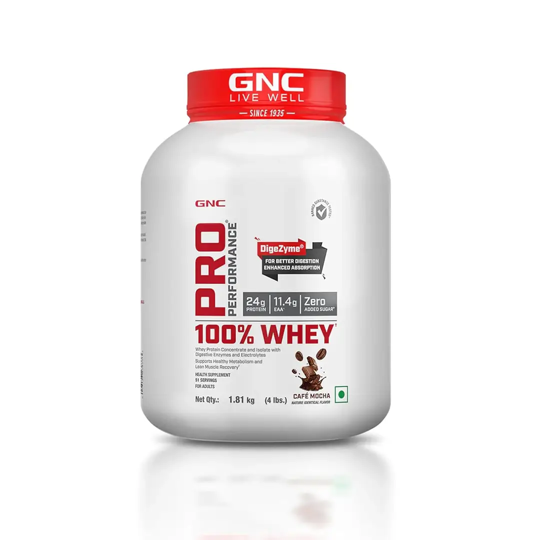 GNC Pro Performance 100% Whey Protein Powder Formulated In USA with 24g Protein, 5.5g BCAA for Strength, Endurance, Builds Lean Muscles and Fastens Muscle Recovery - Cafe Mocha,4 lb