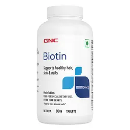 GNC Biotin 10000mcg Tablets | Reduces Hair Fall & Thinning | Promotes Hair Growth | Controls Frizz | Smoothens Hair Texture | Improves Skin & Nails | USA Formulated | 10000mcg Per Serving | 90 Tablets icon