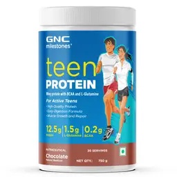 GNC milestones Teen Protein for Active Teens (13-17 Y) | Whey Protein Powder | Builds Strength & Stamina | Boosts Metabolism & Immunity | USA Formulated | 12.5g Protein | 1.5g Glutamine | 0.2g BCAA | Chocolate | 750g icon