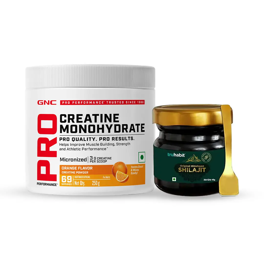 GNC Pro Performance Creatine Monohydrate (Orange,250 gm) and Truhabit Original Himalayan Shilajit Resin (10 gm) - Combo
