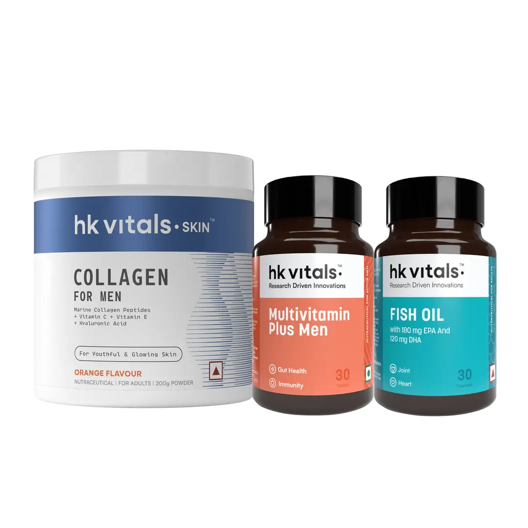 hk vitals Marine Collagen for Men Supplement (Orange, 200gm), Fish Oil (30 Capsules) and Multivitamin Plus Men (30 Tablets) - (Combo Pack)
