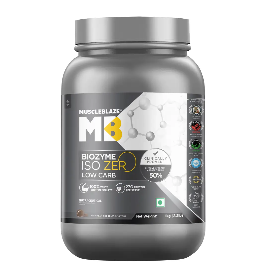 MuscleBlaze Biozyme Iso Zero, Low Carb Whey Protein Isolate with USA Patent for Lean Muscle Mass - Ice Cream Chocolate,2.2 lb