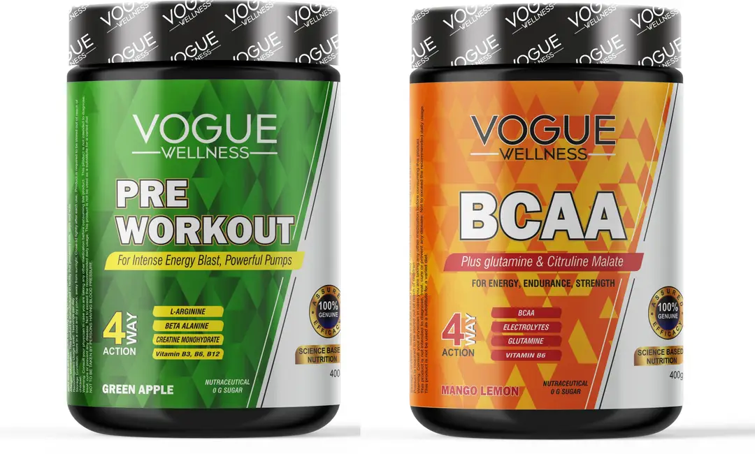 Vogue Wellness BCAA & Pre-workout Supplement for Strength and Endurance (Combo) - Green Apple and Mango Lemon(800 gm)