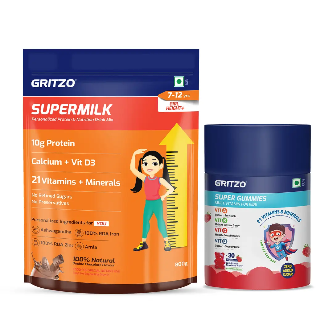 Gritzo SuperMilk Height+, 7-12y Girls (Double Chocolate, 1kg) with Super Gummies (Strawberry, 30 Gummies)