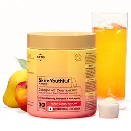Setu Skin: Youthful Collagen Powder | Hydrolysed Marine Collagen Peptides with N-Acetylglucosamine, Vit C, Zinc and Biotin | Improves Skin Hydration, Elasticity & Texture - Peach Mango Flavour