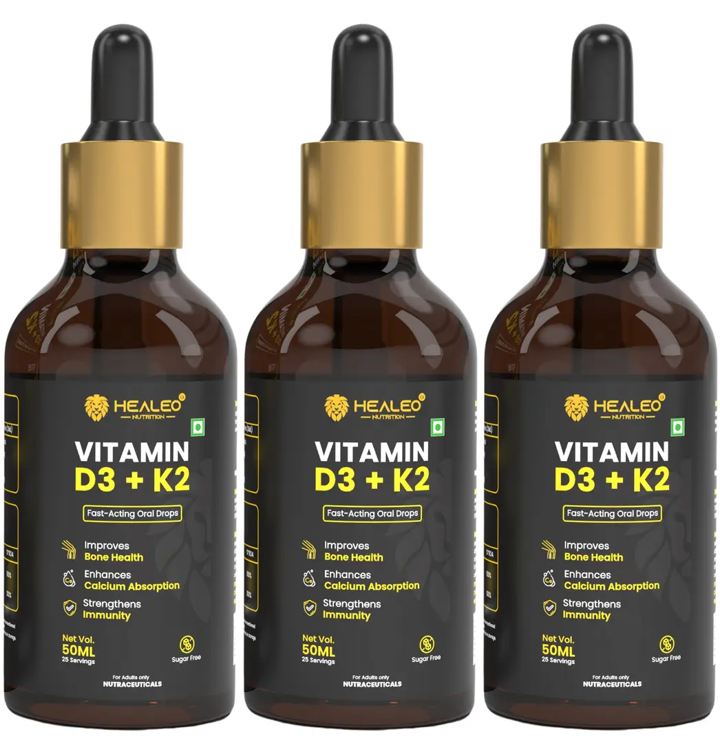 Healeo Vitamin D3 + K2 MK7 Fast-Acting Oral Drops with Vitamin D for Bone Health Support, Calcium Absorption and Immunity - Pack of 3 (150 ml)