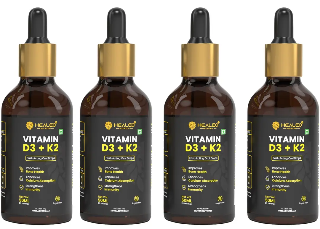 Healeo Vitamin D3 + K2 MK7 Fast-Acting Oral Drops with Vitamin D for Bone Health Support, Calcium Absorption and Immunity - Pack of 4 (200 ml)