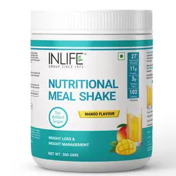INLIFE - Nutritional Meal Shake, Men Women, Meal Replacement Protein Shake with Weight Management Ayurvedic Herbs, 11g Protein, 0g Added Sugar (500g, 16 Servings) (Mango) icon