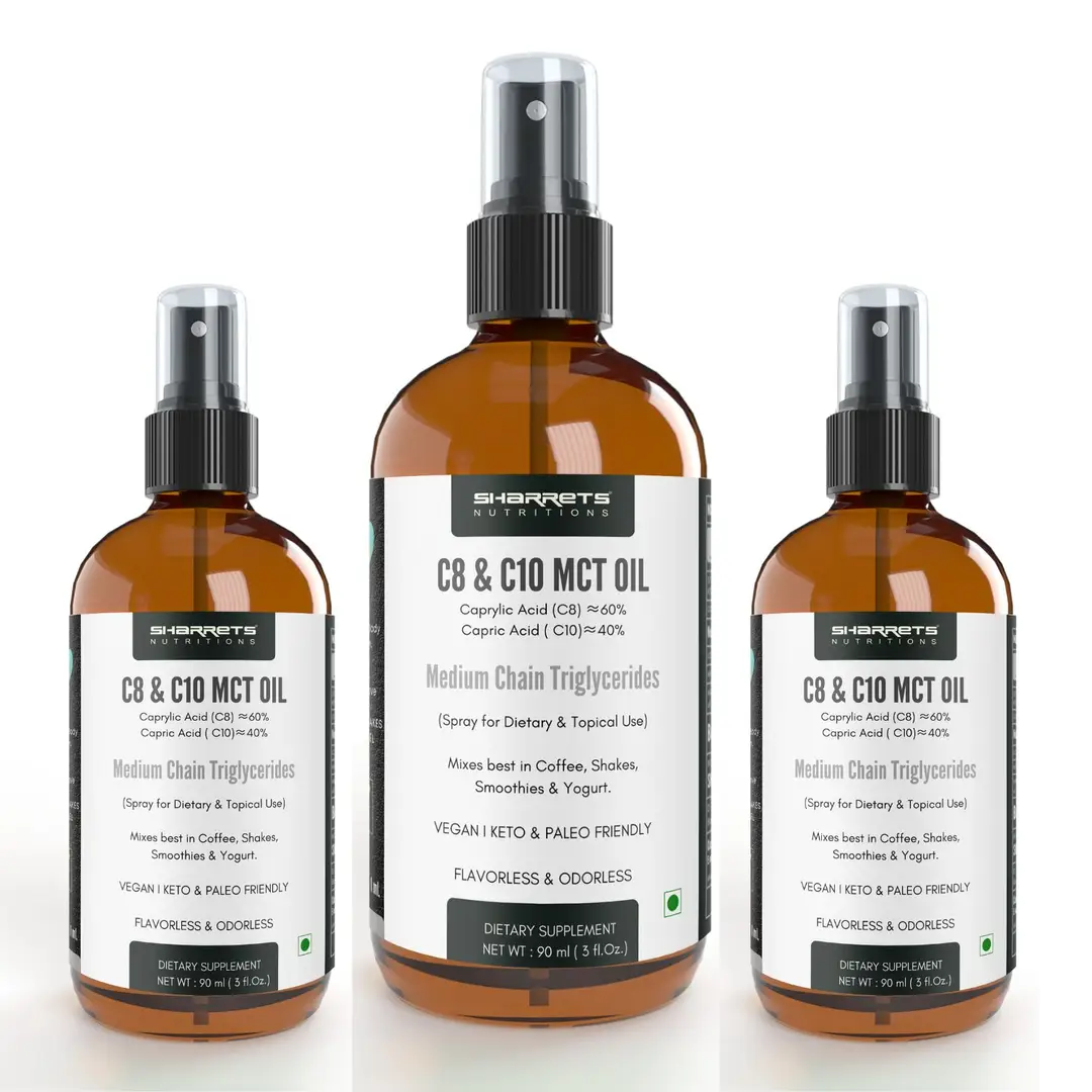 Sharrets C8 C10 MCT oil 90 ml Spray - MCT Oil for Weight Loss, Heart & Brain Health - Pack of 3 (270 ml)