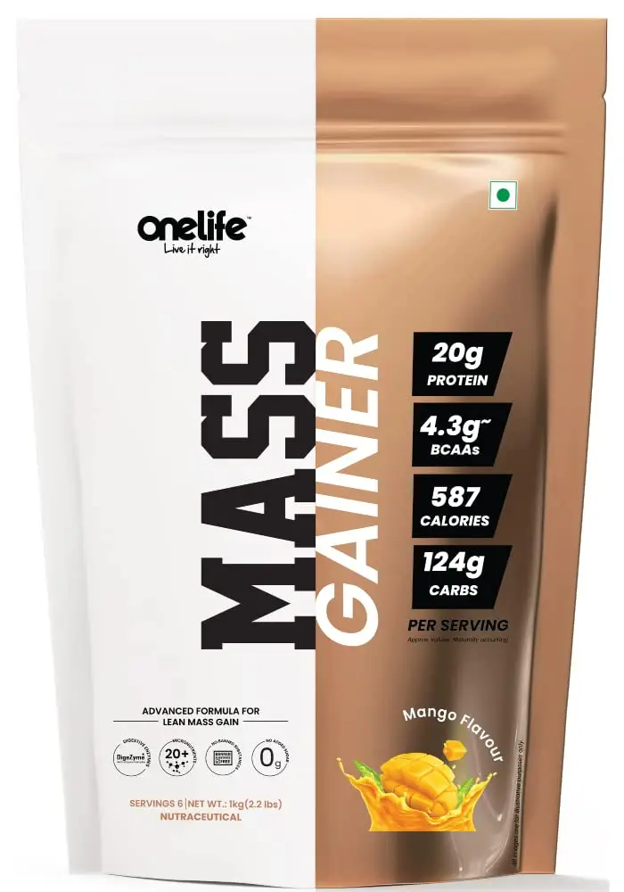 Onelife Mass Gainer For Lean Mass & Muscle Gain with 20+ Micronutrients, DigeZyme®- 1 Kg - Mango