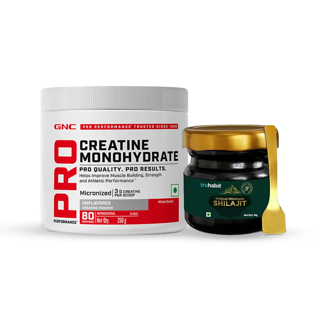 GNC Pro Performance Creatine Monohydrate (Unflavoured,250 gm) and Truhabit Original Himalayan Shilajit Resin (10 gm) - Combo