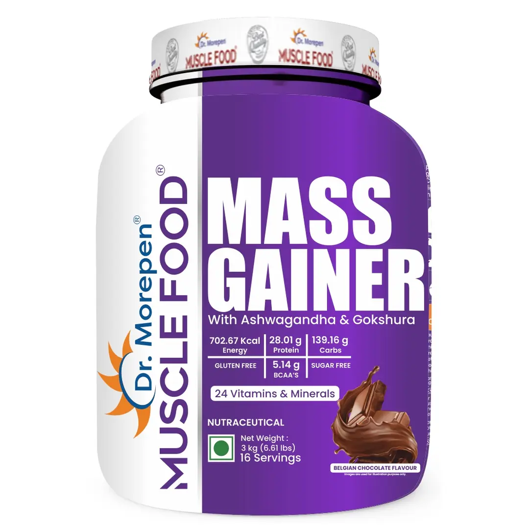 Dr. Morepen Muscle Food Mass Gainer with Ashwagandha & Gokshura for Muscle Growth, Strength and Weight Gain - Chocolate (3000 gm)
