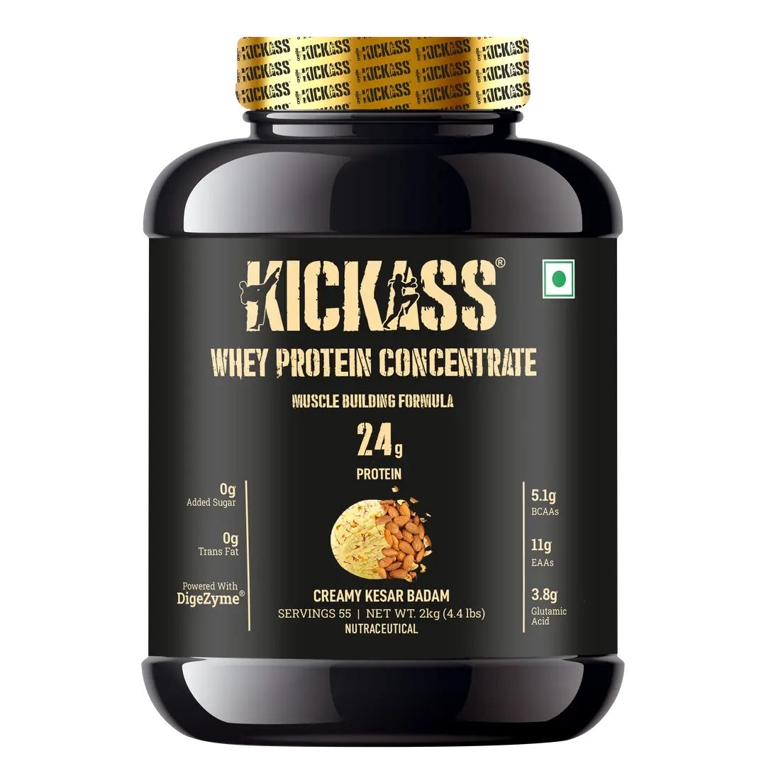 Kickass 100% Whey Protein Concentrate - With Added Digestive Enzymes and Immunity-Boosters - 2 Kg - Kesar Badam