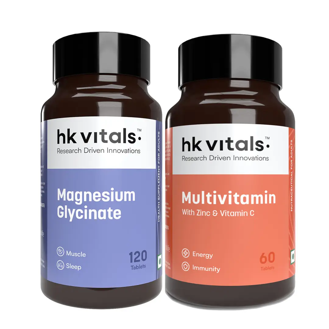 hk vitals Magnesium Glycinate (1682mg) (120 Tablets) and Multivitamin (60 Tablets) for Better Sleep Quality and Muscle Recovery - (Combo Pack)