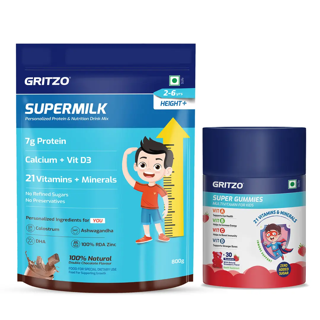 Gritzo SuperMilk Height+, 2-6y Kids with Super Gummies (Double Chocolate, 1kg & Strawberry, 30 Gummies) - (Combo Pack)