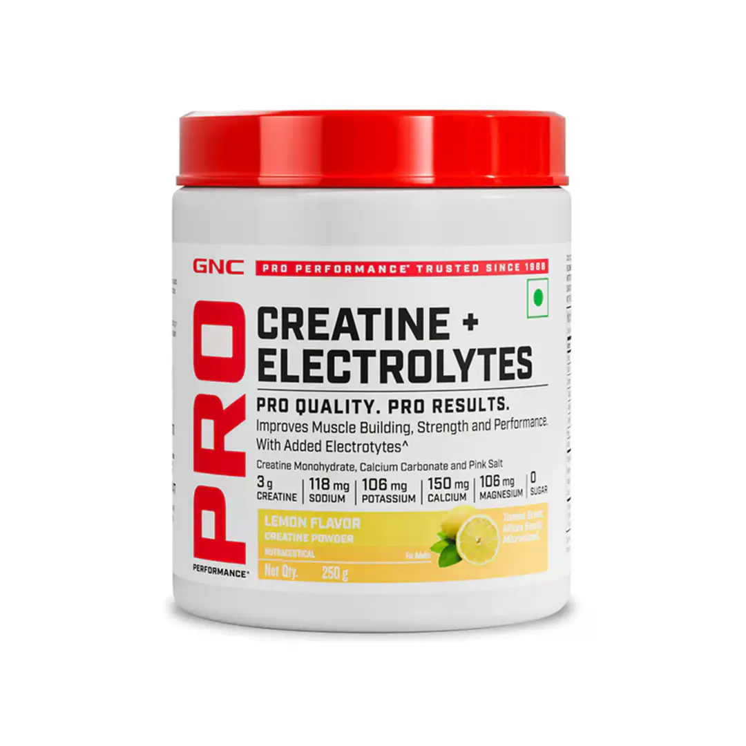 GNC Creatine+ Electrolytes | 3g Creatine Monohydrate + Sodium, Potassium, Calcium, Magnesium | Boosts Muscle Growth, Hydration, Energy & Recovery | Zero Sugar | 100% Veg | 100g | Orange - Lemon,250gm