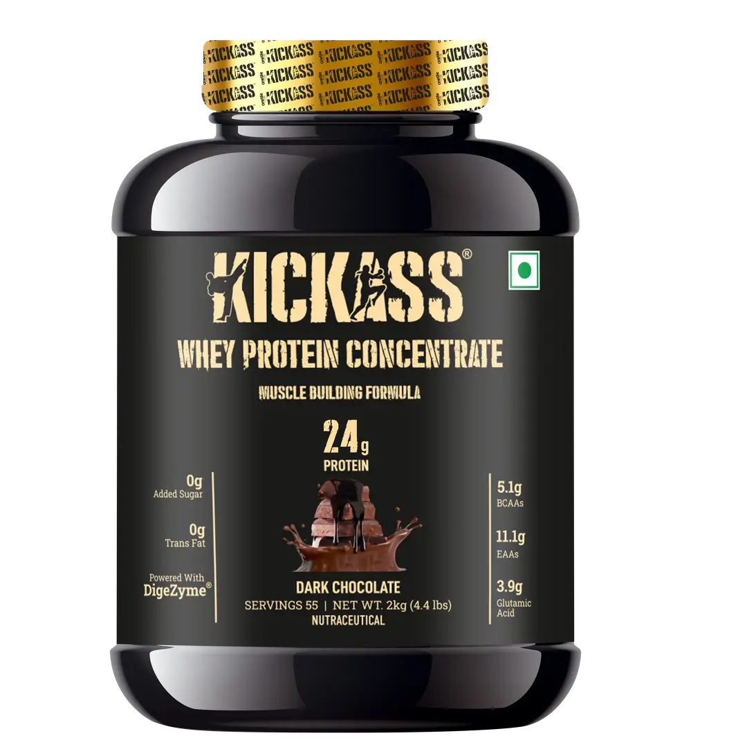 Kickass 100% Whey Protein Concentrate - With Added Digestive Enzymes and Immunity-Boosters - 2 Kg - Dark Chocolate