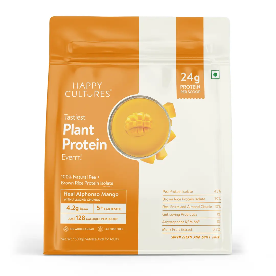 Happy Cultures 24g Tastiest Plant Protein|Pea & Brown Rice Protein Isolate| Vegan| 20 Complete Amino Acids| Women & Men| No Bloating, Easy to Digest| Dairy Free with Probiotics - 500 g - Alphonso Mango