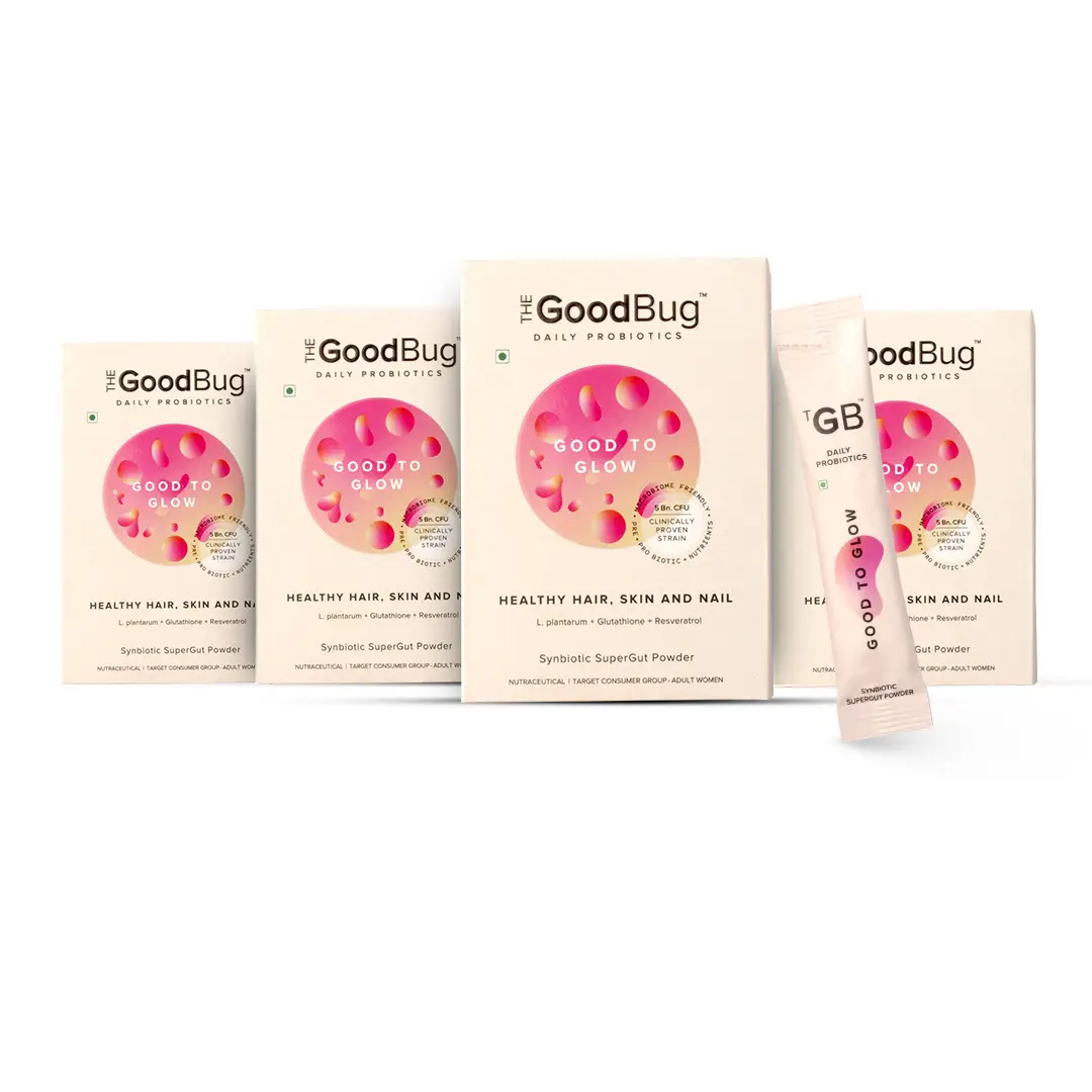 The Good Bug Good To Glow for Women with 5 Billion CFU and Pre+Probiotic+Nutrients for Promoting Radiant Skin, Healthier Skin, Hair and Nails - Pack of 4 (60 Sachets)
