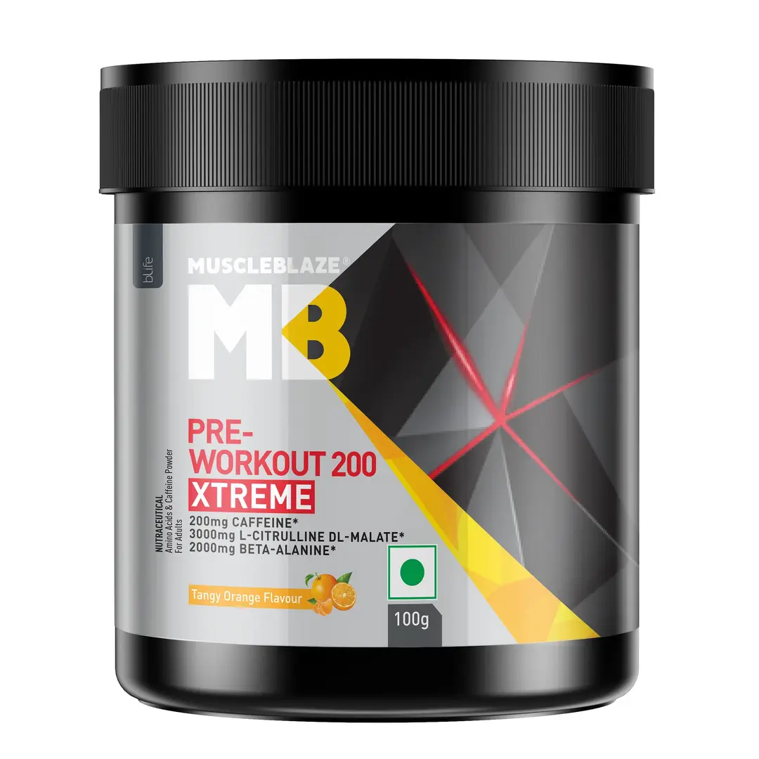 MuscleBlaze - Pre Workout 200 Xtreme - with Caffeine, Theanine, Beta Alanine - for Energy and Focus - Tangy Orange,100 gm