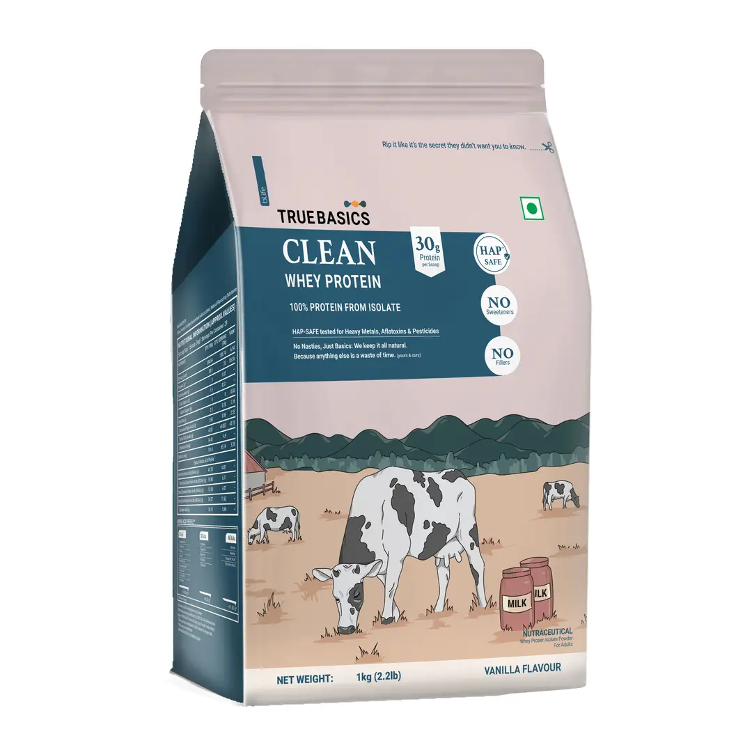 TrueBasics Clean Whey 100% Protein Isolate Powder (Vanilla, 1kg) | 30g Protein per Scoop - Vanilla, 1 Kg