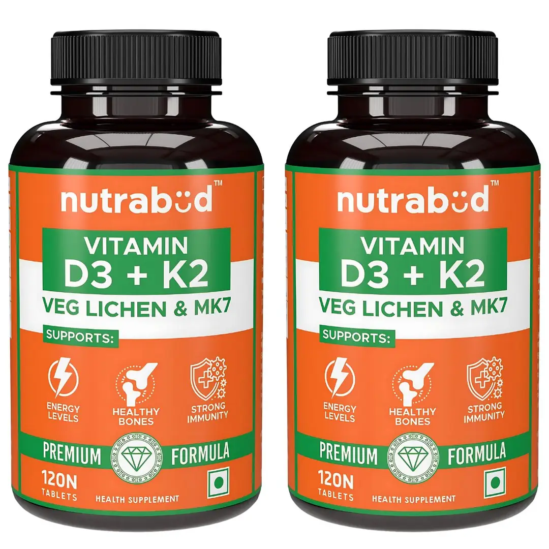 Nutrabud Veg Vitamin D3 + K2 MK7 for Immune System and Joint Care - Pack of 2 (240 Tablets)
