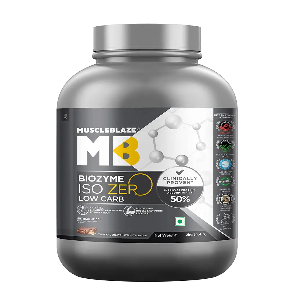 MuscleBlaze Biozyme Iso Zero, Low Carb Whey Protein Isolate with USA Patent for Lean Muscle Mass - Swiss Chocolate Hazelnut,4.41 lb