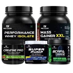 Beyond Fitness - Performance Whey Protein Powder + Mass Gainer XXL + Super Pump Pre Workout + BCAA & Taurine + Creatine Pro (Combo) - for Muscle Growth, Weight Management and Endurance. icon