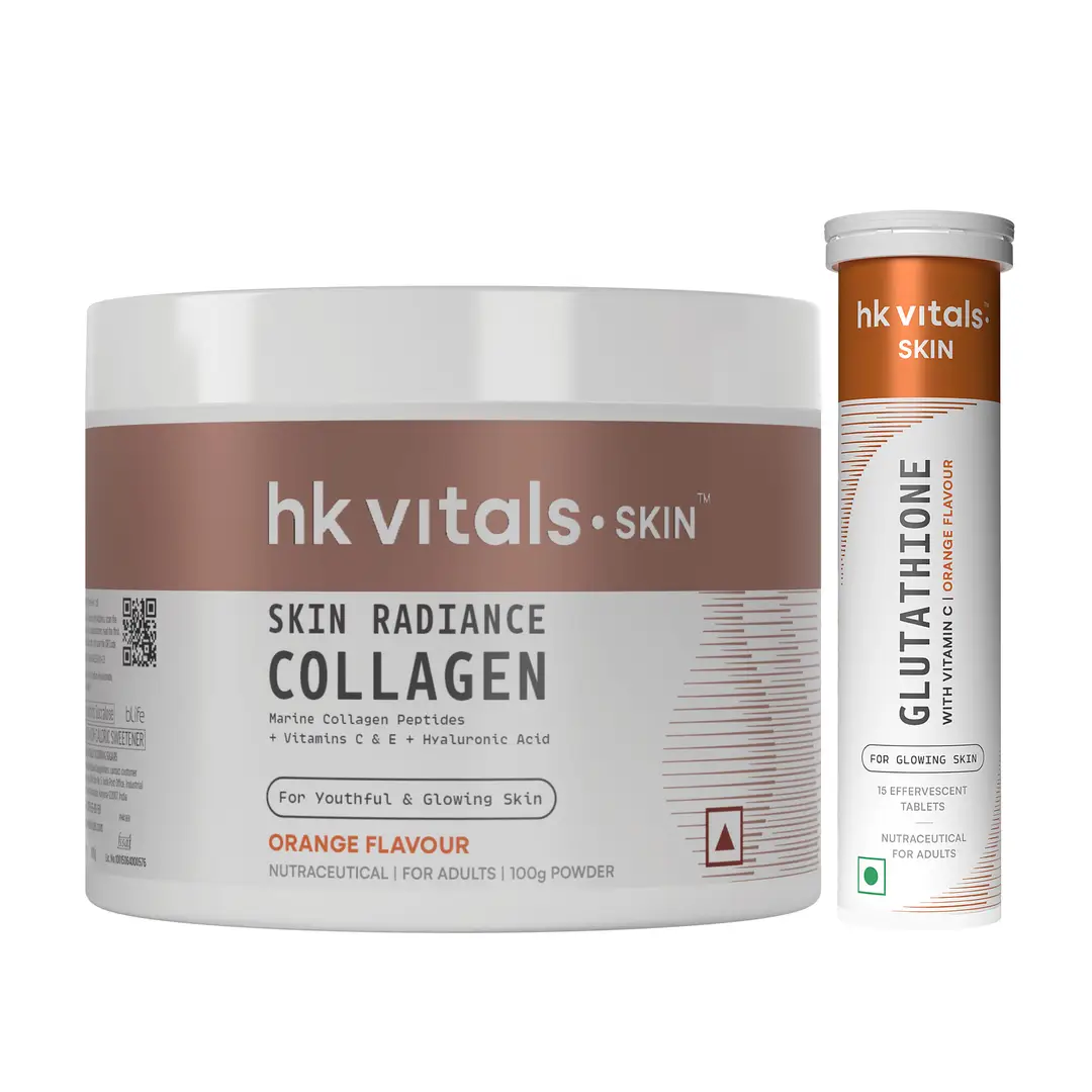 hk vitals Skin Radiance Collagen Powder, Marine Collagen (Orange, 100 g) & Glutathione Effervescent, 15 Tablets (Orange)