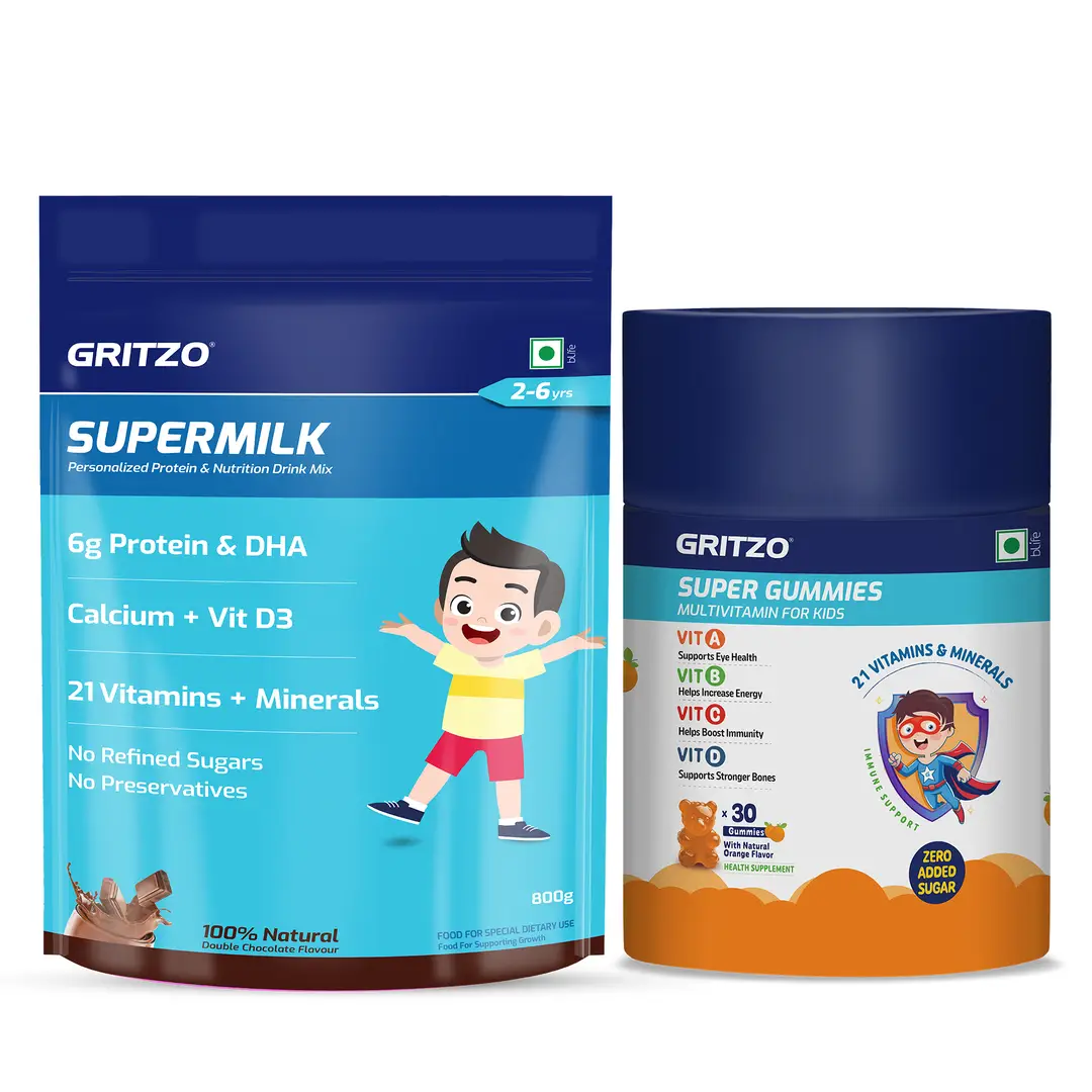 Gritzo SuperMilk Daily Nutrition (2-6y), 6g Protein (Double Chocolate, 1kg) and Super Gummies (Orange, 30 Gummies)