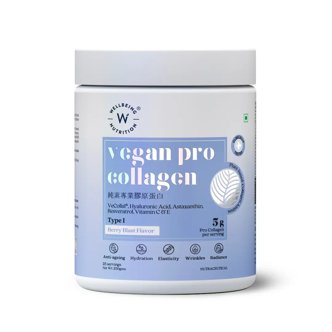Wellbeing Nutrition Vegan Pro with Clinically Proven Plant Based Peptides, Hyaluronic acid, Astaxanthin, Resveratrol for Healthy Skin, Hair and Nails - Berry Blast,250 gm