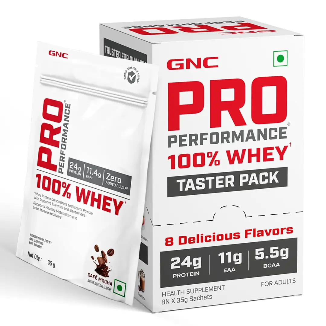 GNC Pro Performance 100% Whey Protein Powder Formulated In USA with 24g Protein, 5.5g BCAA for Strength, Endurance, Builds Lean Muscles and Fastens Muscle Recovery - Assorted,8 Sachets
