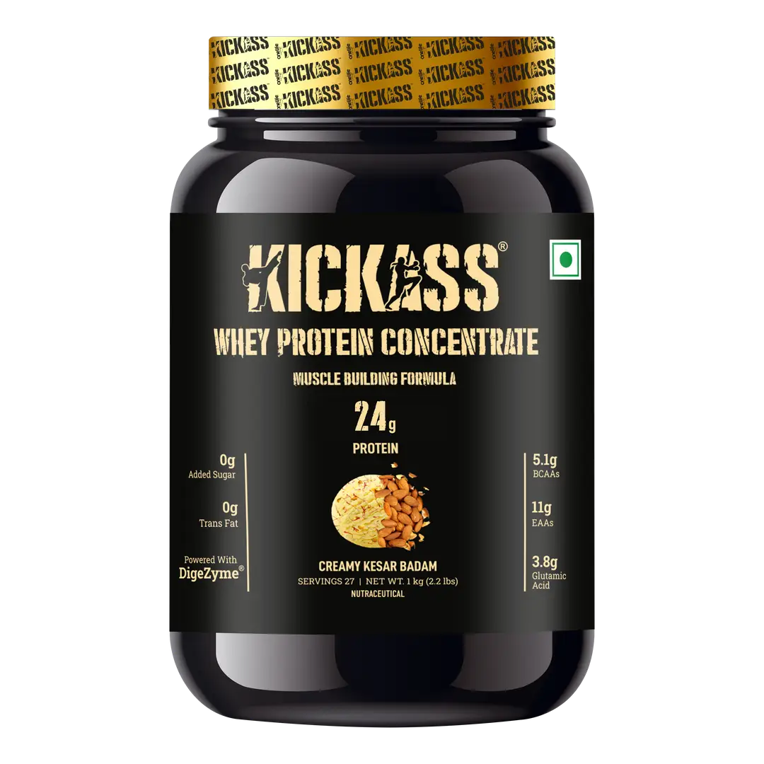 Kickass 100% Whey Protein Concentrate - With Added Digestive Enzymes and Immunity-Boosters - 1 Kg - Kesar Badam