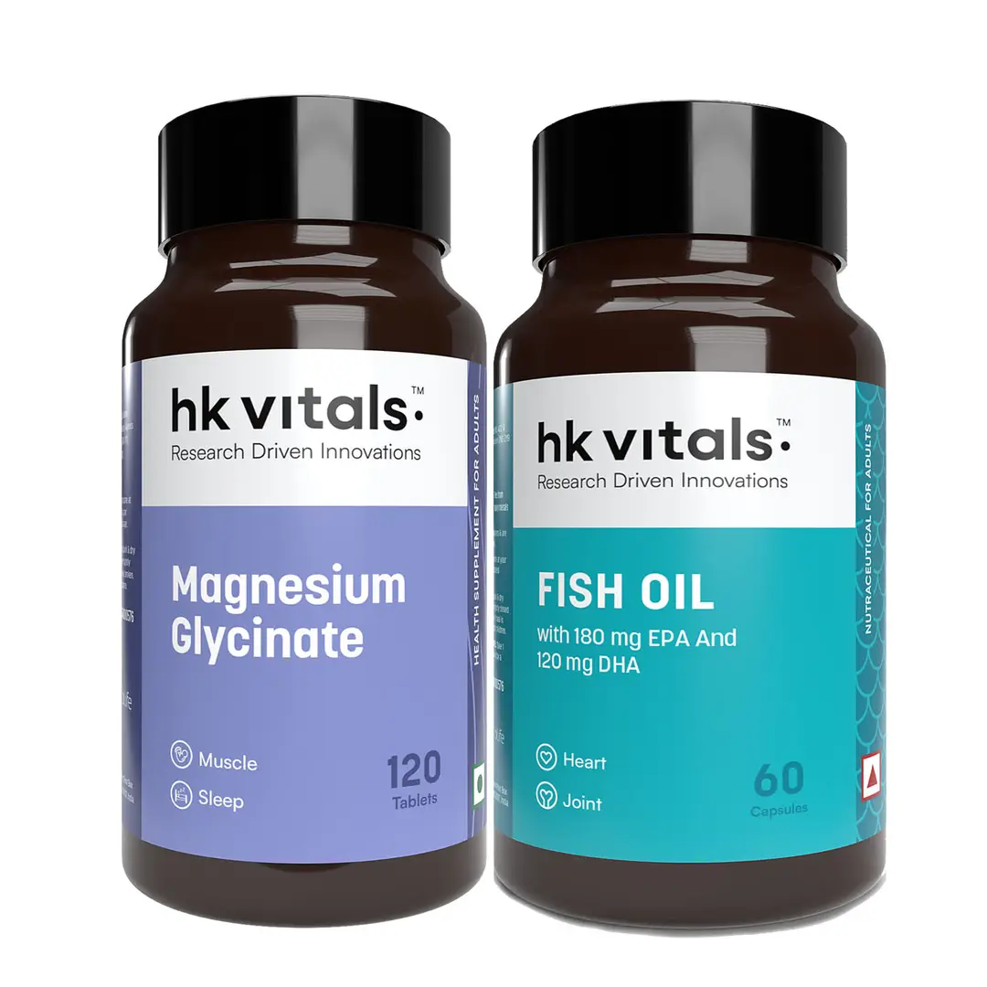 hk vitals Magnesium Glycinate (1682mg) (120 Tablets) and Fish Oil (60 Capsules) for Better Sleep Quality and Muscle Recovery - (Combo Pack)