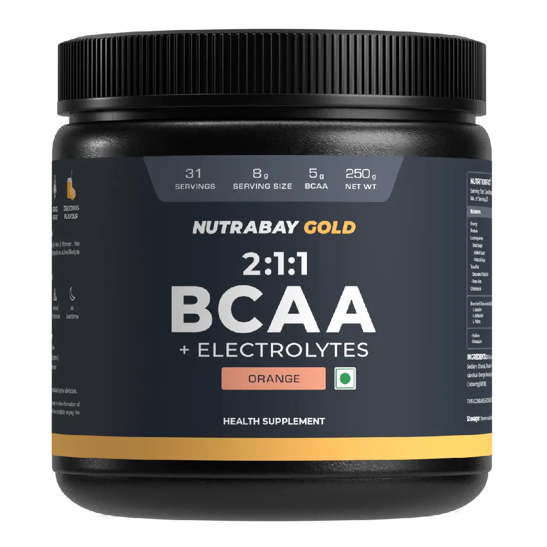 Nutrabay Gold BCAA 2:1:1 with Electrolytes for Pre/Post Workout Energy Drink - Orange (250 gm)