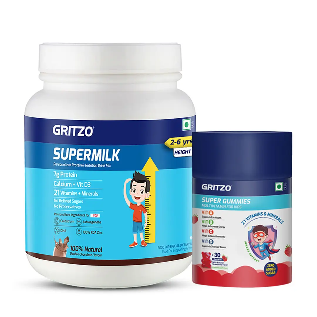 Gritzo SuperMilk Height+, 2-6y Kids with Super Gummies (Double Chocolate, 1kg & Strawberry, 30 Gummies) - (Combo Pack)
