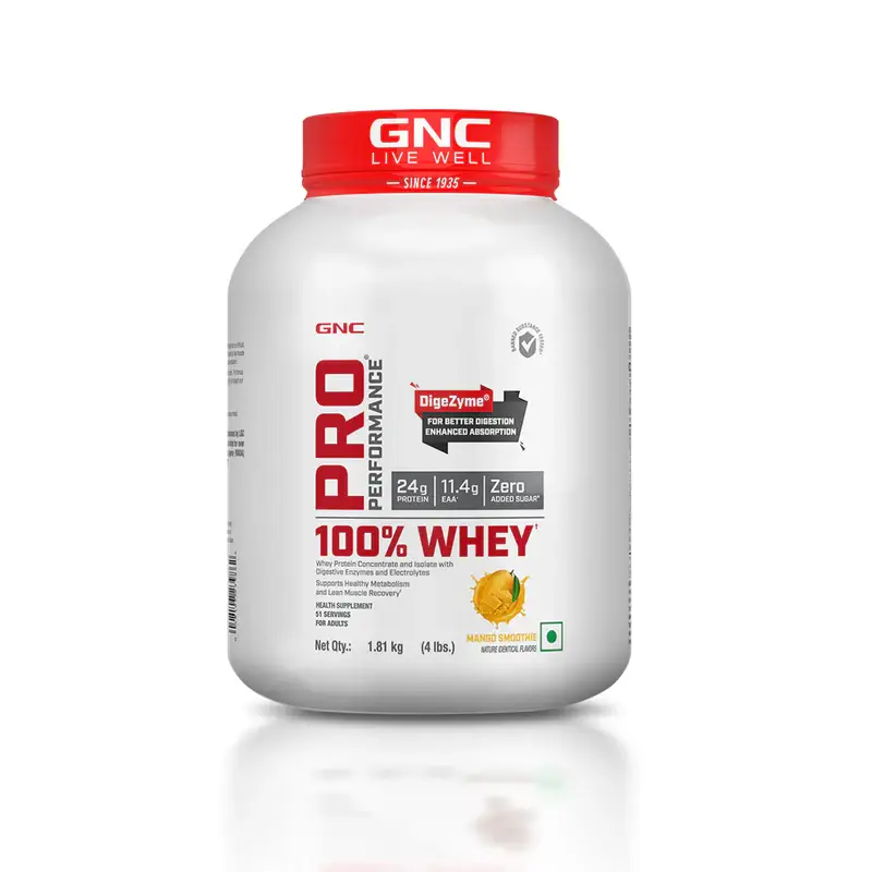 GNC Pro Performance 100% Whey Protein Powder Formulated In USA with 24g Protein, 5.5g BCAA for Strength, Endurance, Builds Lean Muscles and Fastens Muscle Recovery - Mango Smoothie,4 lb