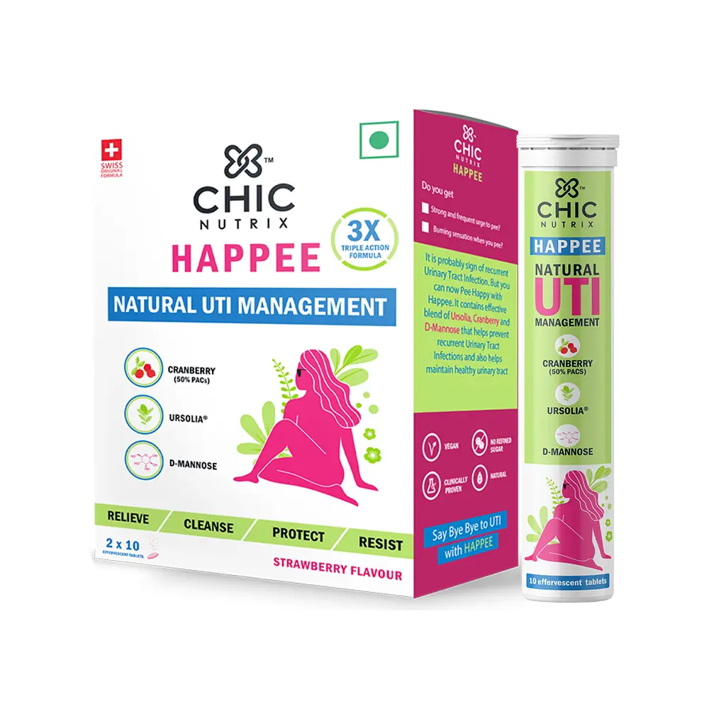 Chicnutrix Happee with Cranberry, D-Mannose and Ursolia for Urinary Infection Management - Pack of 1 (20 Effervescent Tablets)