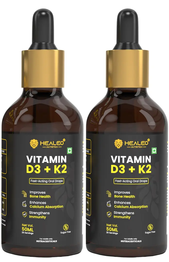 Healeo Vitamin D3 + K2 MK7 Fast-Acting Oral Drops with Vitamin D for Bone Health Support, Calcium Absorption and Immunity - Pack of 2 (100 ml)
