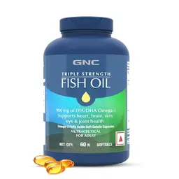 GNC Triple Strength Fish Oil Omega 3 Capsules for Men & Women | 900mg EPA & DHA | Improves Memory | Protects Vision | No Fishy Aftertaste | Supports Family Health | USA Formulated icon