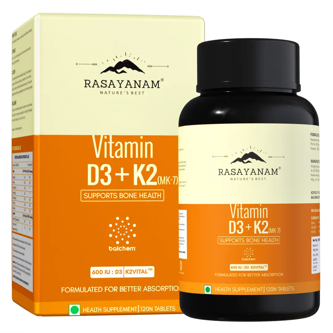 Rasayanam Vitamin D3 K2(MK-7) | For Bone Strength, Heart Health & Immunity - Pack of 1(120 Tablets)