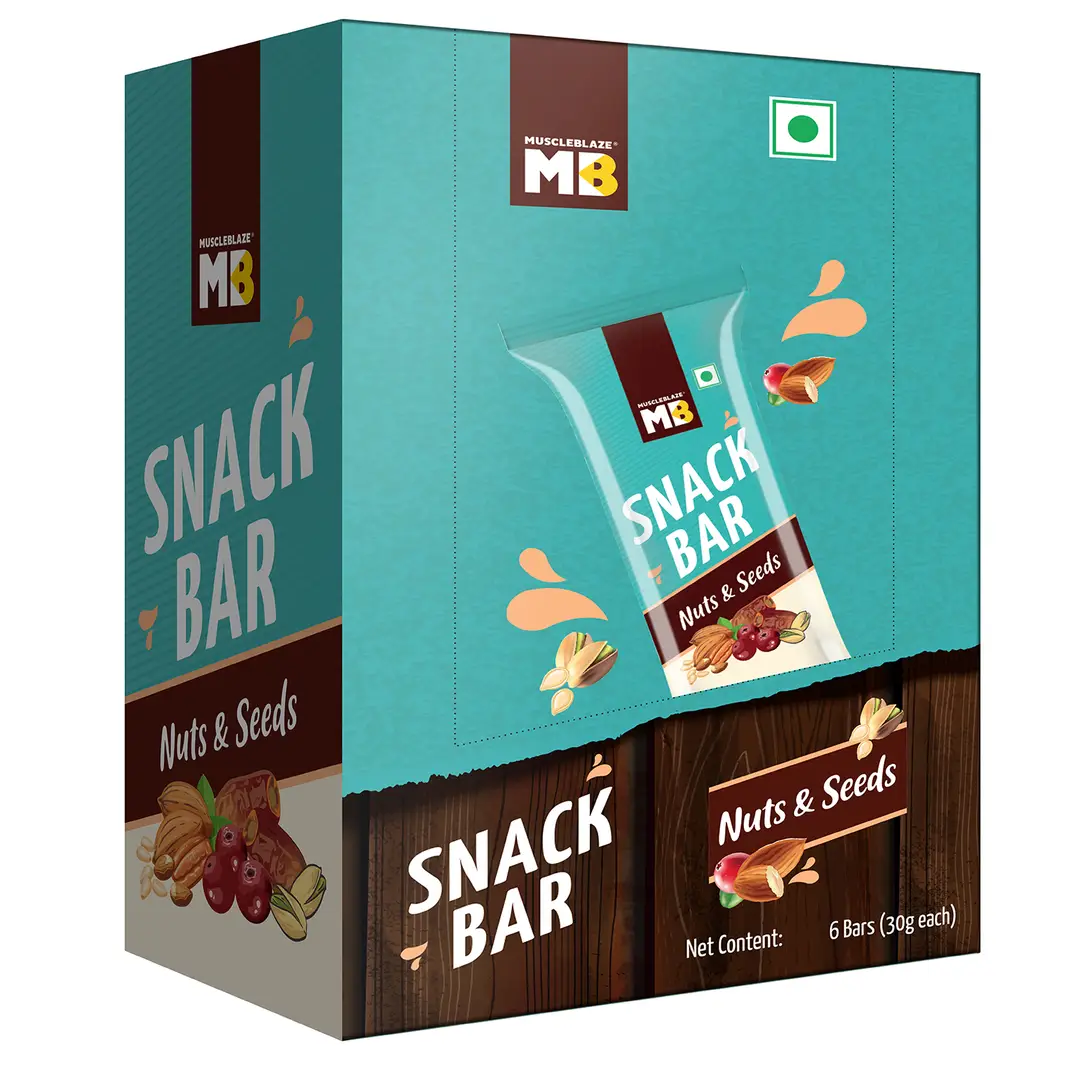 MuscleBlaze - Snack Bar, Healthy Snacks, with Rice Crispy, Rolled Oats & Dry Fruits (Pack of 6) - Nuts & Seeds (6 count)