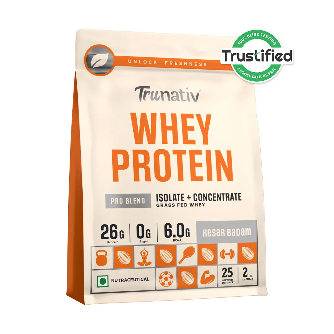 Trunativ Pro Blend Whey Protein with Grass-Fed Isolate & Concentrate for Muscle Recovery and Strength - Kesar Badam,2 lb
