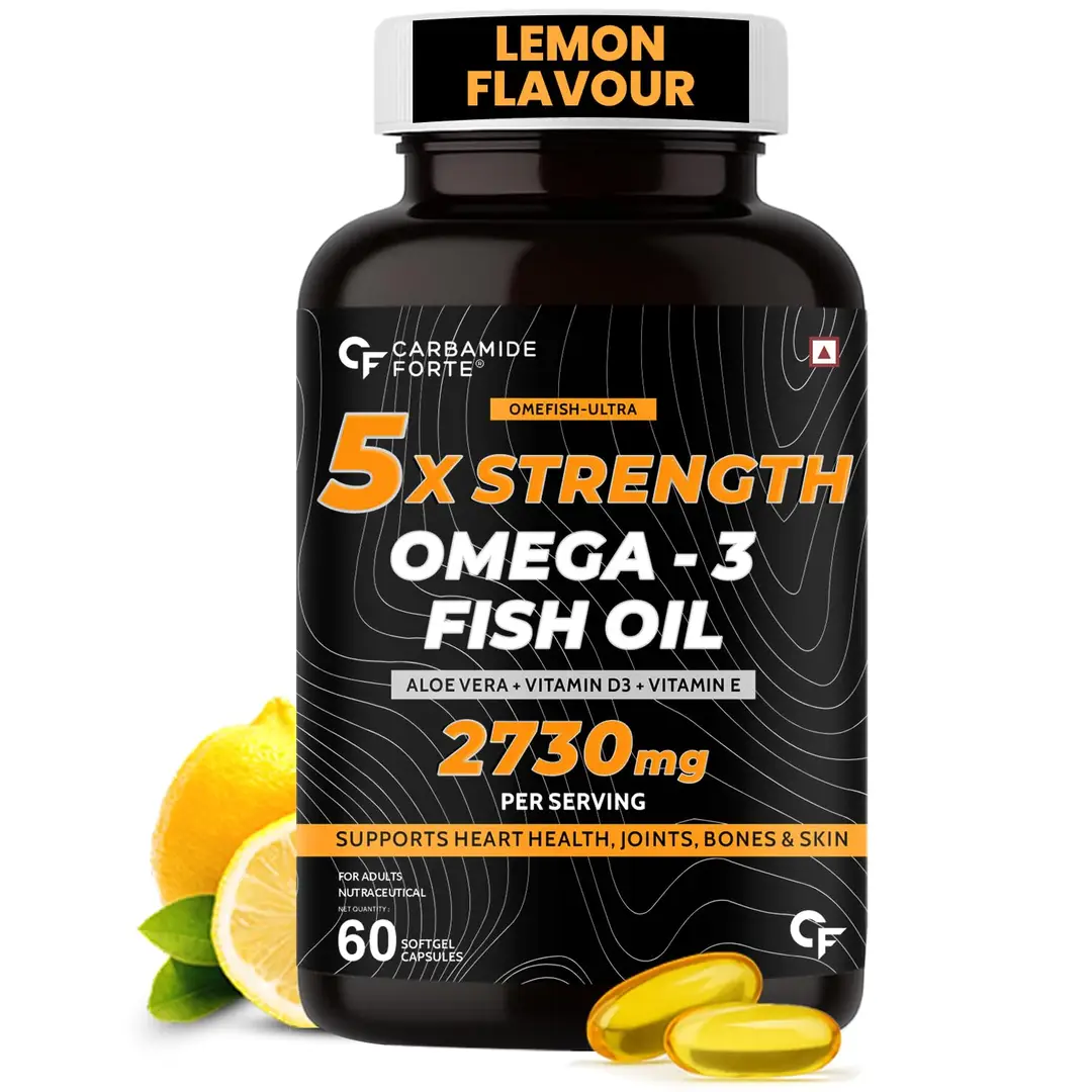 Carbamide Forte 5X Strength Omega 3 Fish Oil Capsules 2730mg with Omega 3 Supplement 1590mg and added Vitamin A, D, E & Aloevera with Fish Oil for Men & Women - Pack Of 1(60 Capsules)