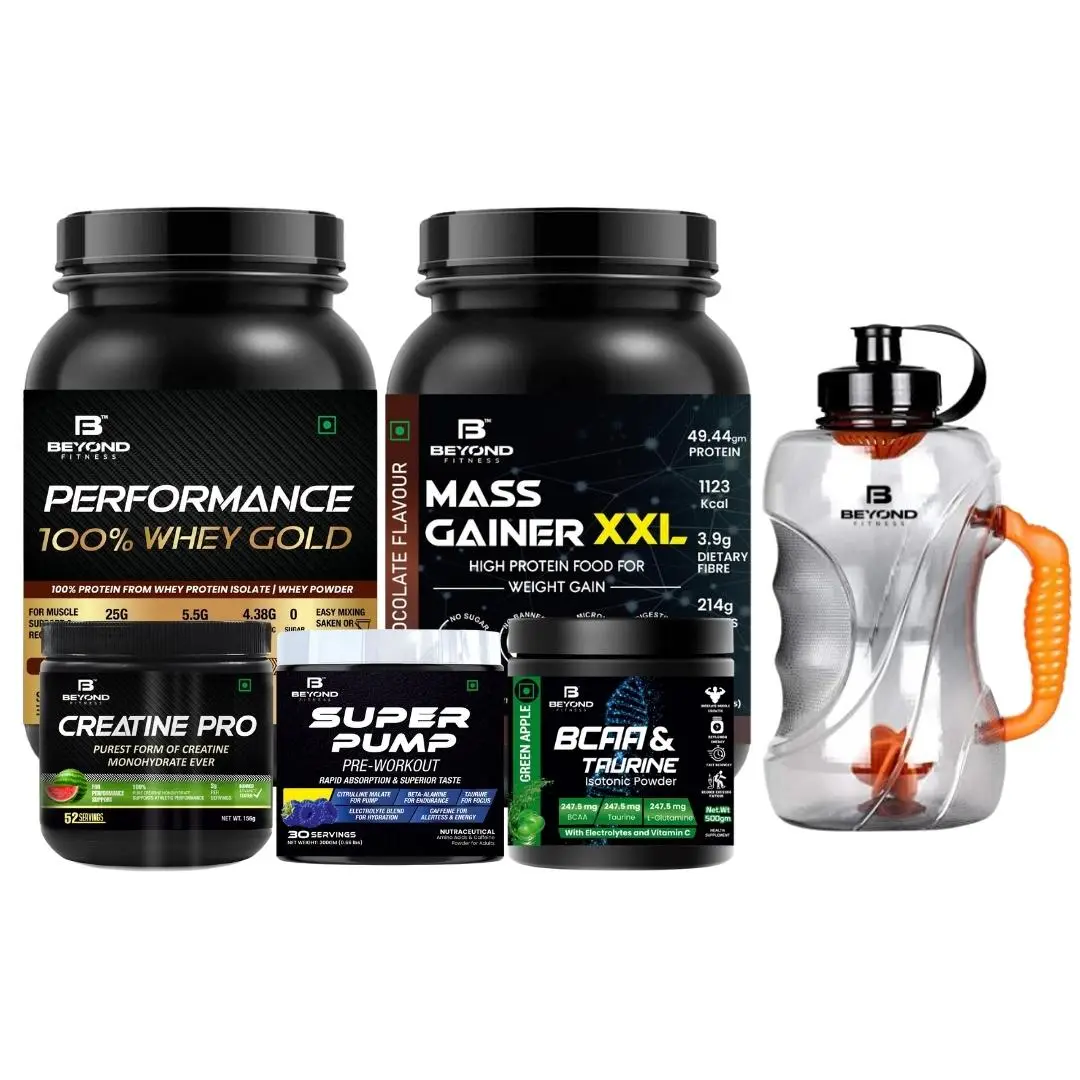 Beyond Fitness Muscle Up Gold(100% Whey Gold Protein, Mass Gainer XXL, Preworkout, BCAA Energy Drink and Creatine Pro) Combo - Whey Protein (2.2lb), Mass Gainer XXL (2.2lb), Preworkout(500gm), BCAA(500gm), Creatine Pro(156gm) with 1.5 ltr Shaker