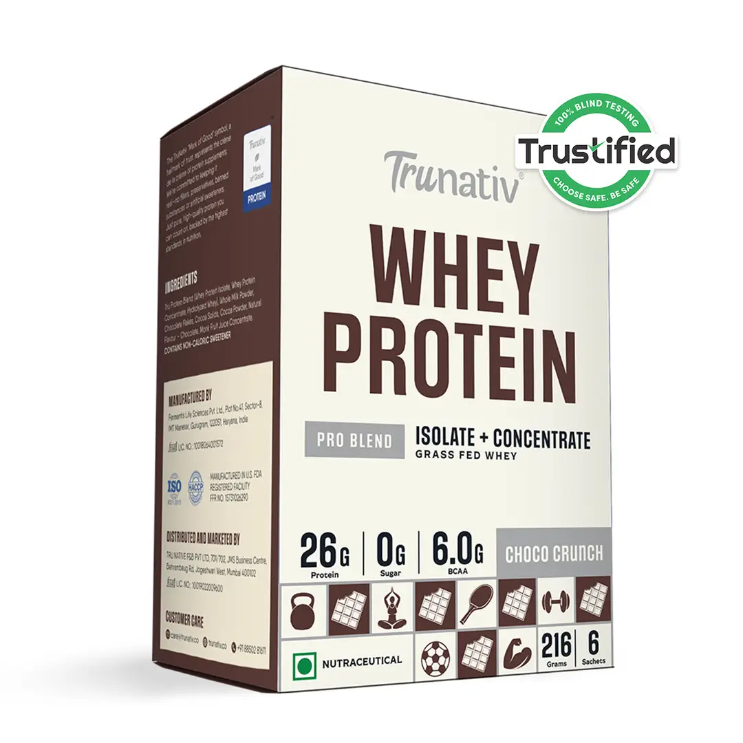 Trunativ Pro Blend Whey Protein with Grass-Fed Isolate & Concentrate for Muscle Recovery and Strength - Choco Crunch,6 Sachets